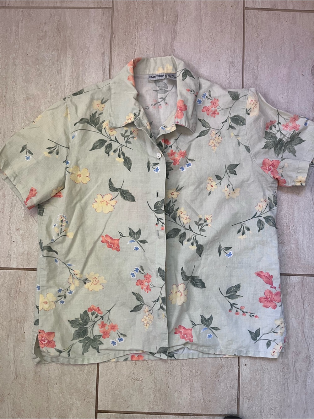 Vintage Cabin Creek Green Floral Linen Blend Shirt Size M